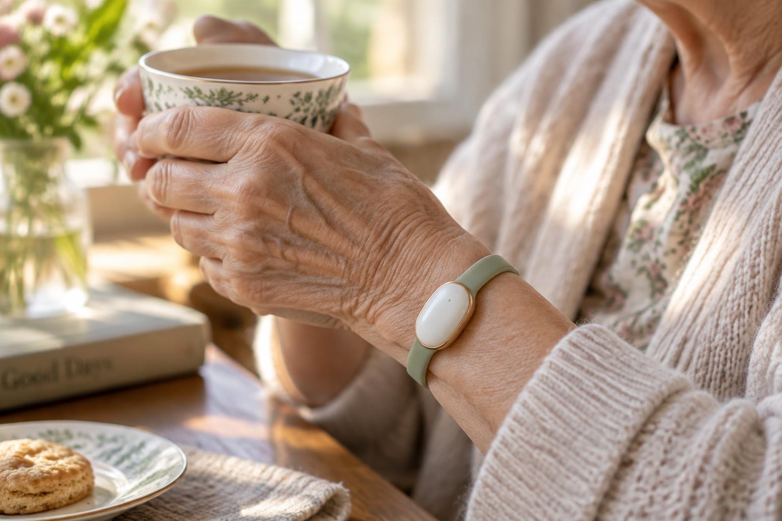 Una persona mayor lleva la pulsera mientras disfruta una taza de té
